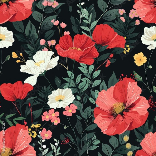 Elegant Floral Pattern with Vibrant Red, White, and Yellow Blooms Amidst Lush Green Foliage on a Dark Background © DZMITRY