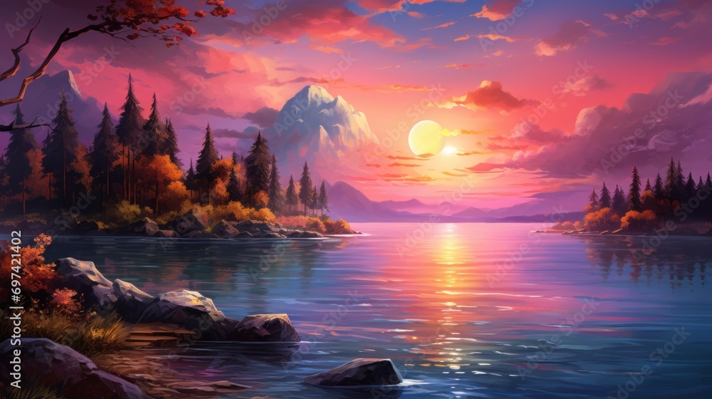 Serene lake landscape during sunset with vibrant sky. Nature and serenity.
