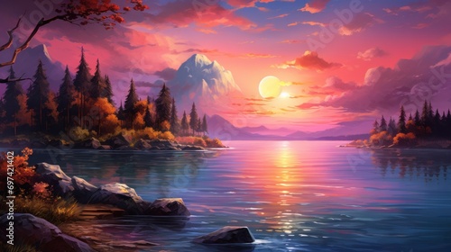 Serene lake landscape during sunset with vibrant sky. Nature and serenity.