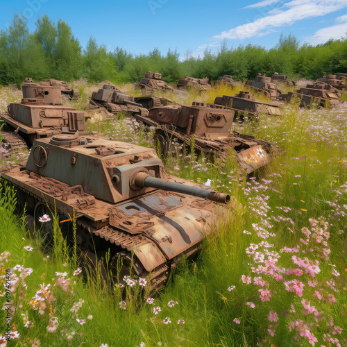 Battalion of exploded tanks. Old rusty abandoned crashed panzers standing in summer meadow under blue sky. War consequences concept. photo