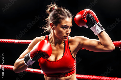 Portrait of a female boxer wearing red top and gloves in a ring fighting with her guard up and ready to strike.