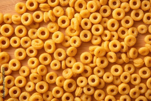 Cereal Rings Texture Background, Breakfast Yellow Rice Loops Pattern, Corn Cereals Snack Banner