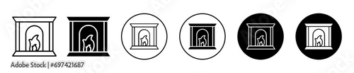 fireplace icon. relaxing ambiance for heating a room in winter season in December. house warm bonfire with wood burn fire in furnace vector set. home fireplace or hearth made of brick and stone symbol