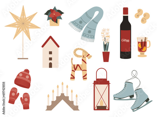 Scandinavian star, menorah and goat. Swedish alcoholic drink and saffron bun. Vector illustration of cozy elements