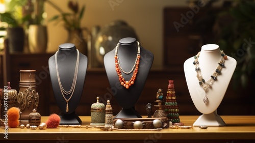 An array of necklaces elegantly displayed on busts