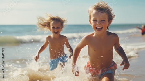 Excited children playing in the sea waves on the beach © Artyom