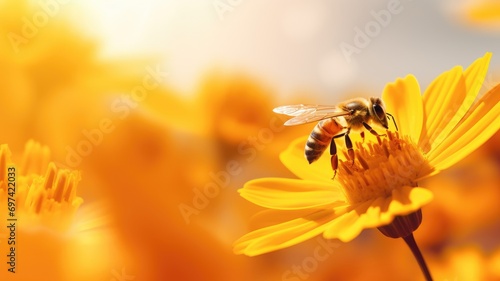 Bee pollinating a vibrant yellow flower photo