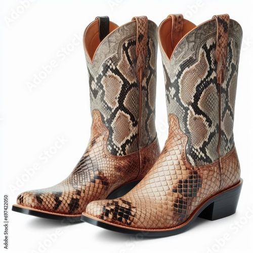 Pair of Snake Skin Cowboy Boots Isolated on White