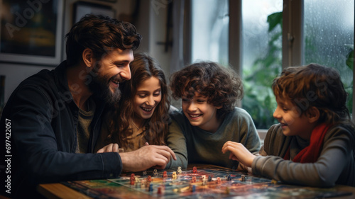 Family enjoying a board game together at home