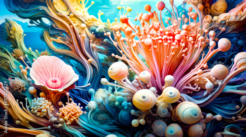 Painting of colorful underwater scene with corals and other marine life.