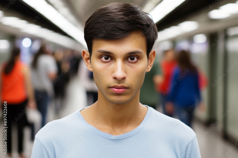 Close up portrait of a young man looking at the camera in the subway Close up portrait of a young man looking at the camera in the subway