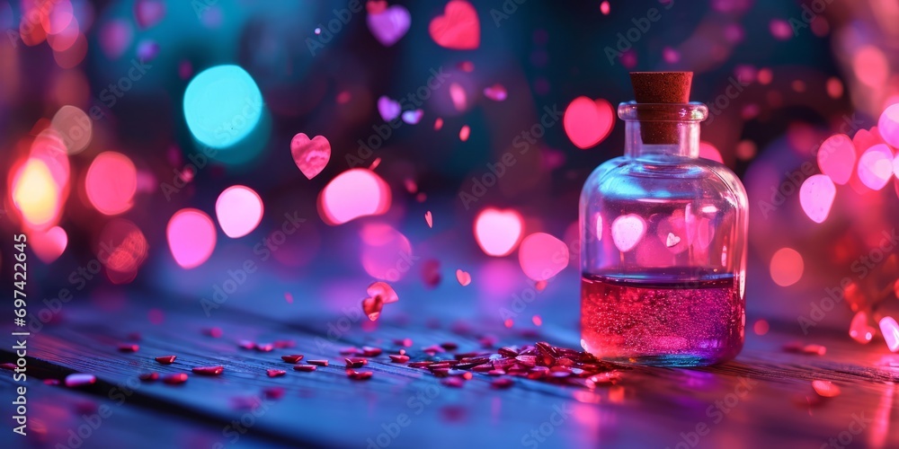 colorful love potion bottle on wooden table, neon lights, flying hearts, generative AI colorful love potion bottle on wooden table, neon lights, flying hearts, generative AI