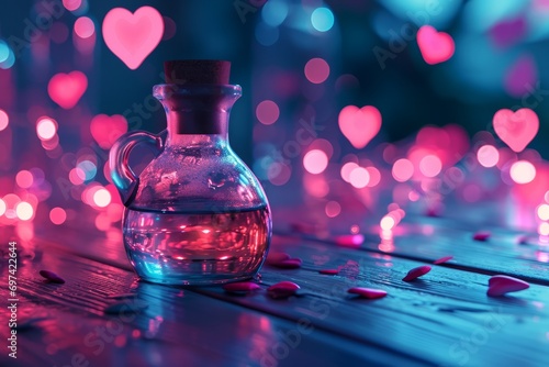 colorful love potion bottle on wooden table, neon lights, flying hearts, generative AI