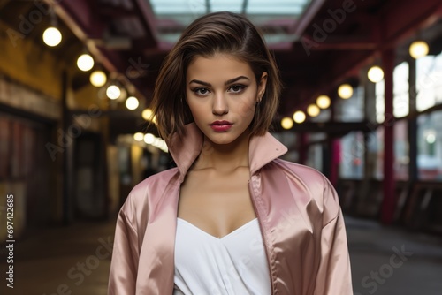 Fashion portrait of young beautiful woman in pink coat on the street