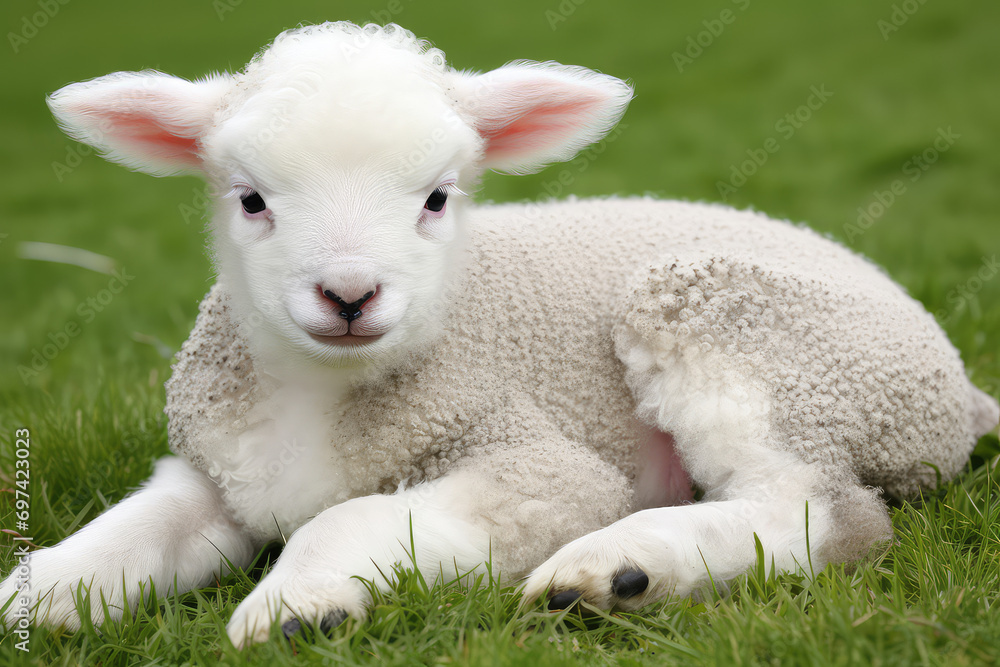 Obraz premium A fluffy baby lamb frolicking in a sunny meadow, its innocent and carefree nature echoing the joy of spring. The meadow becomes a picturesque canvas for this delightful display of young lif