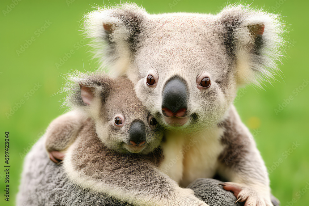 Fototapeta premium A curious baby koala clinging to its mother's back, peering out from her protective embrace. The unique bond between the baby and its mother showcases the tender care in the animal kingdo