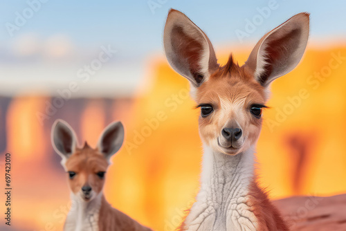 A baby kangaroo peeping out from its mother's pouch, curious about the world outside. The kangaroo's pouch becomes a symbol of safety and nurturing in the vast Australian landscap