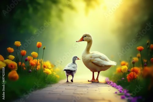 A group of adorable baby ducks waddling and following their mother along a serene pond. The sight of these tiny creatures invokes a sense of pure delight and harmony in natur