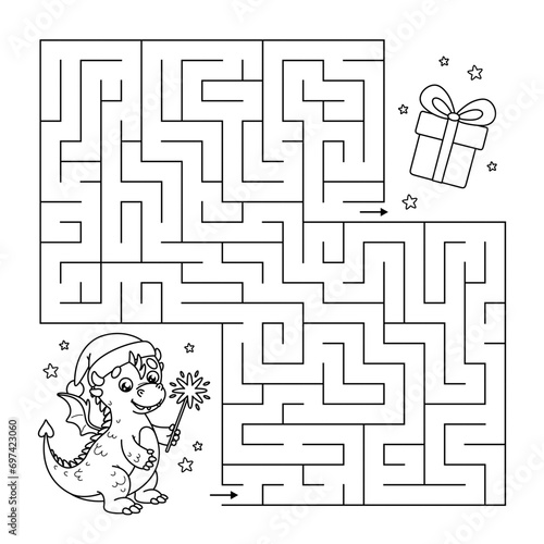 Outline maze educational game for children. Labyrinth puzzle. Help cute Dragon with a sparkler in paws and in hat of Santa find path to gift. Kids vector illustration animal of Chinese New Year 2024.