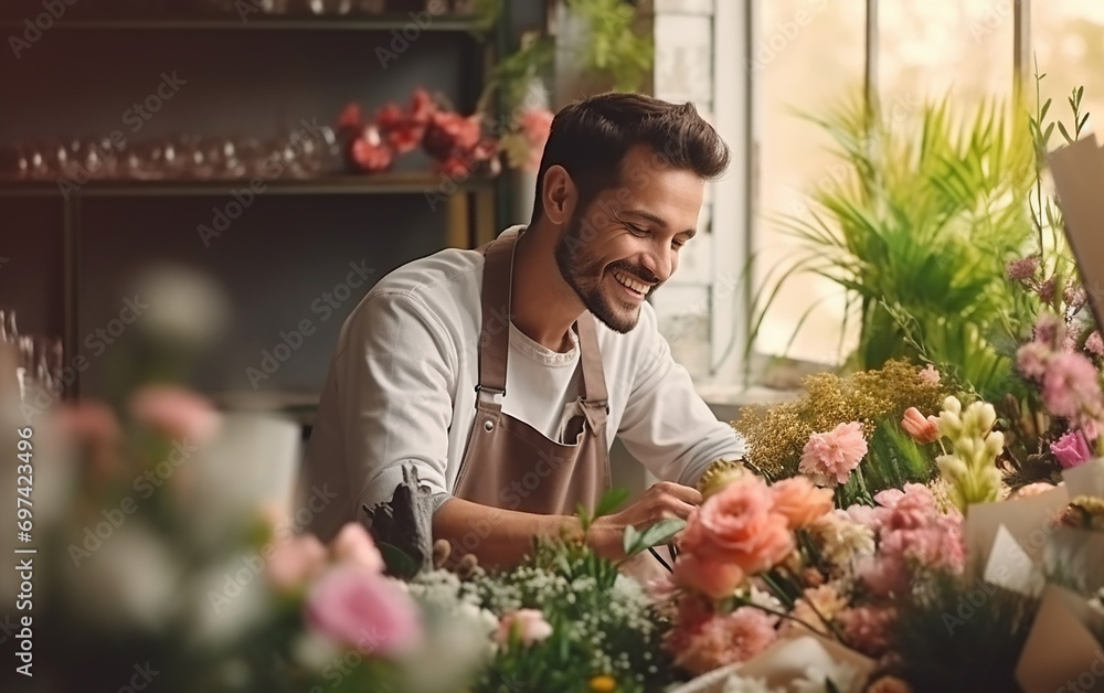 Shot of a nice young florist man who is working in flower shop