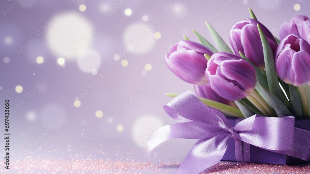 Purple tulips bouquet on light purple background with bokeh. Banner with copy space. Ideal for poster, greeting card, event invitation, promotion, advertising, print, elegant design.
