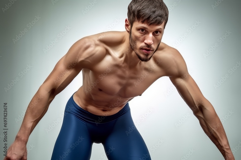 Muscular young man doing push-ups. Studio shot over grey background.