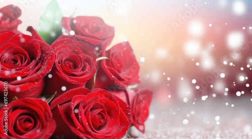 Red roses bouquet on a light background with glitter and bokeh. Banner with copy space. Perfect for poster  greeting card  event invitation  promotion  advertising  print  elegant design.