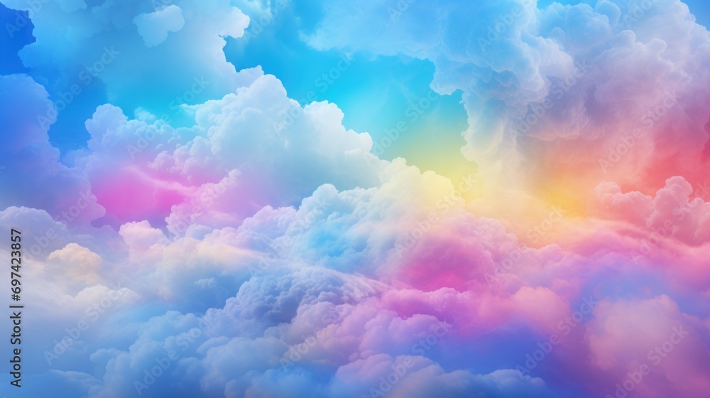 Delicate rainbow clouds of pink, purple, blue, yellow colors. Abstract beautiful sky background. Colorful Cloudscape. Copy Space. Ideal for creative designs, wallpapers, posters, ads, banners