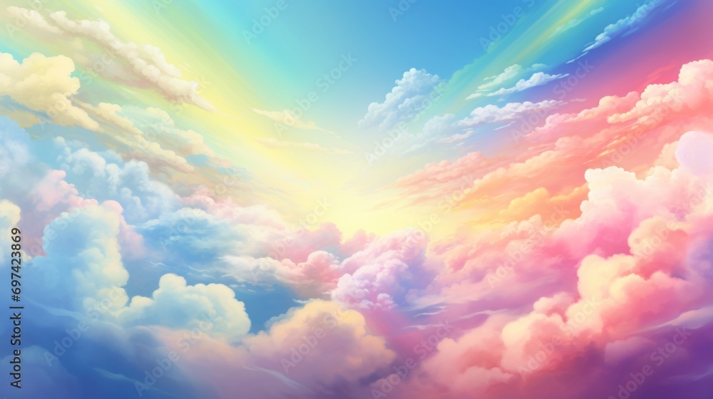 Rainbow clouds of pink, purple, turquoise, blue, yellow colors. Illustration. Abstract beautiful sky background. Colorful Cloudscape. Copy Space. Perfect for designs, wallpapers, posters, ads, banners - obrazy, fototapety, plakaty 