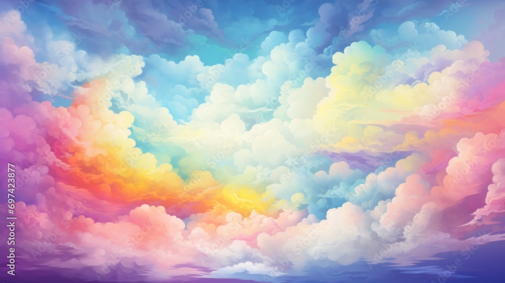 Rainbow clouds of pastel colors. Illustration in style of oil painting. Abstract beautiful sky background. Copy Space. Ideal for creative designs, wallpapers, posters, ads, banners