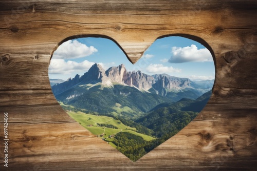 Hole in a wooden fence in the shape of a heart with a view of the mountains, framing. Background with selective focus #697424066