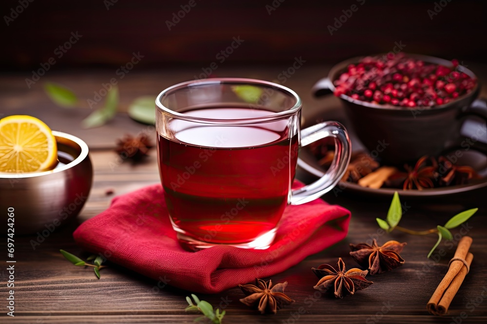 Mulled Wine, Winter Cranberry Hibiscus Drink with Spices on Festive New Year Background, Christmas Tea Mulled Wine, Winter Cranberry Hibiscus Drink with Spices on Festive New Year Background, Christmas Tea