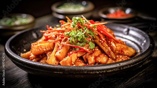 Kimchi, a Korean delight, adorned with pickled vegetables and red pepper