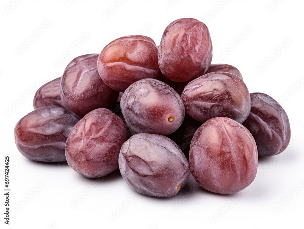 Fototapeta premium Dry Plums Isolated, Dried Black Fruits, Prune Group, Dry Plum Fruit on White Background