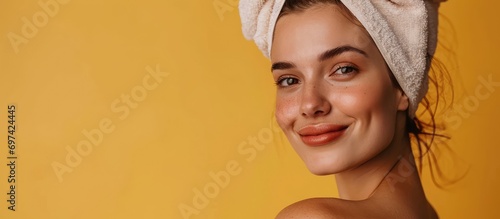 Young woman applies natural beauty product, unclogs pores, smiles, looks aside, wears towel on head, has healthy skin. photo