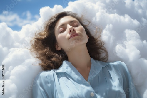 Cute young beautiful woman sleeping on a cloud. Portrait with selective focus and copy space for text
