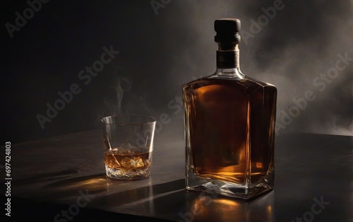 Escena misteriosa de una botella de whisky, o ron, con un vaso a un costado