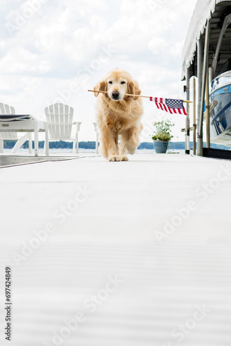 Golden Retriever Dog Carrying American Flag on Lakeside Dock During Summer photo