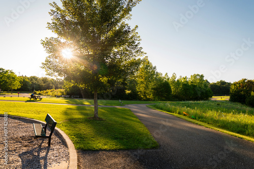 Empty Park Bench on a Serene Summer Evening