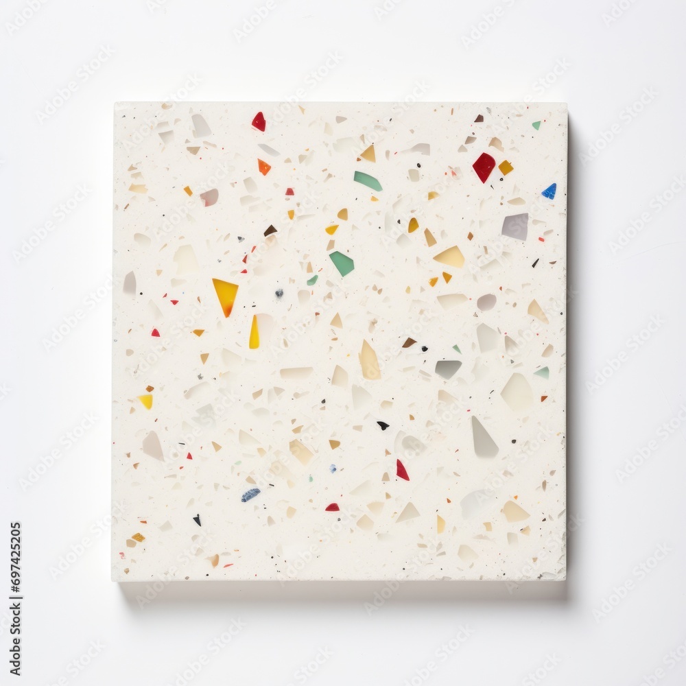 White square terrazzo tile with bright glass square chips White square terrazzo tile with bright glass square chips