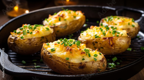 Homemade Twice Baked Potatoes. Homemade Twice Baked Potatoes with Bacon and Cheese. AI Generative