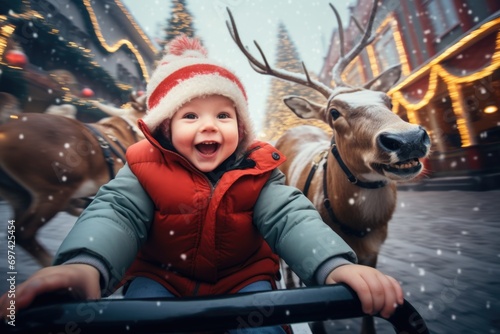 Magical new year's eve: joyful child embraces the spirit of celebration with a reindeer companion in a heartwarming display of holiday bliss and innocence.