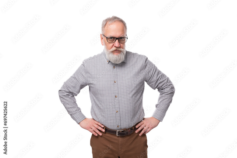 doubtful elderly boss man with white beard and mustache dressed in shirt and pants thoughtful doubtful elderly boss man with white beard and mustache dressed in shirt and pants thoughtful