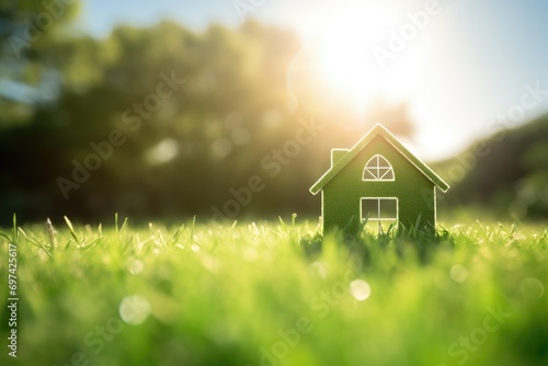 House icon on a lush green lawn with the sun shining overhead with copy space. Representation of a green home and environmentally friendly construction photo