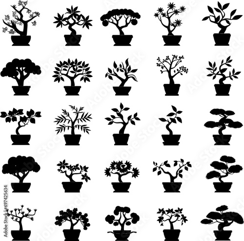 Card with text Bonsai . Black silhouette of bonsai on a white background. Detailed image. Vector illustration. AI generated illustration.