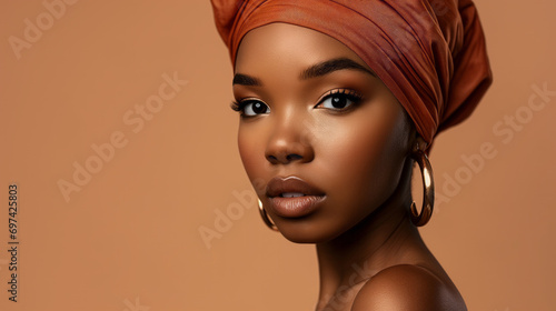 elegant african american woman in peach-colored chic, pantone, peach fuzz