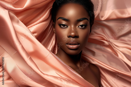 elegant african american woman in peach-colored chic, pantone, peach fuzz