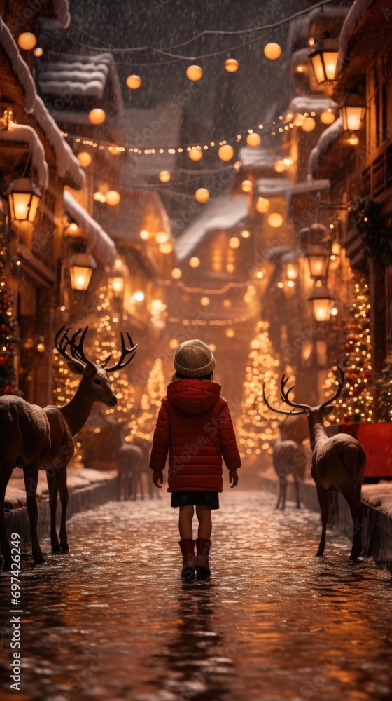 Magical new year's eve: joyful child embraces the spirit of celebration with a reindeer companion in a heartwarming display of holiday bliss and innocence.