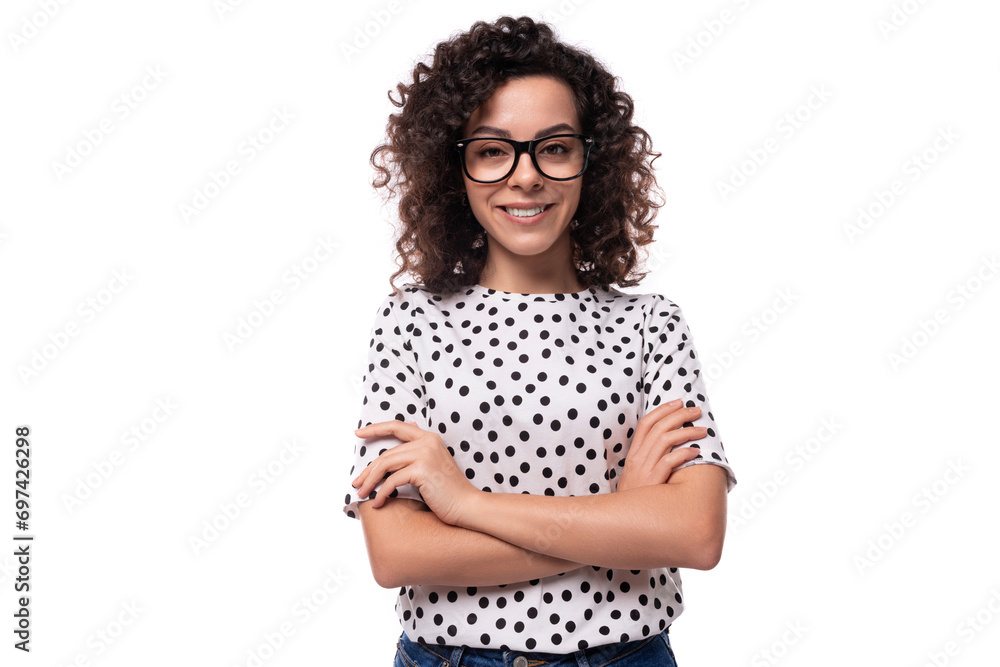 young confident leader woman with curly hairstyle dressed in summer short sleeve blouse young confident leader woman with curly hairstyle dressed in summer short sleeve blouse