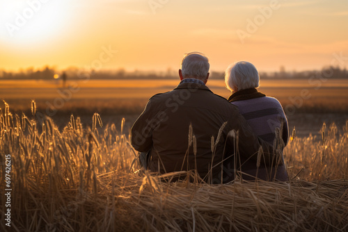 Old grandmother and grandfather, grandparents, grandma amd grandpa look at sunset. pensioners retirees senor and senorita happy sad old age. photo